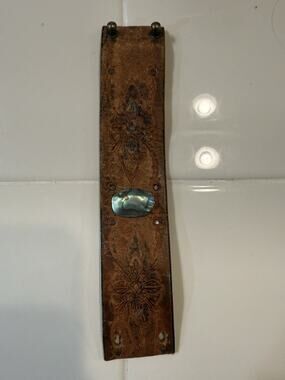 Brown Embossed Leather With Abalone Shell, Statement Bracelet With Clasps Used